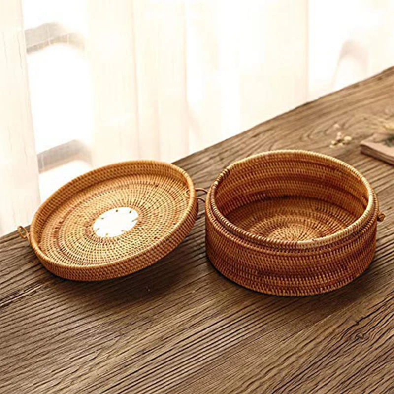 Handwoven Rattan Storage Box With Lid Wicker Tea Food Container Picnic Bread Fruit Cake Basket Ornament Kitchen Organizer | Дом и сад