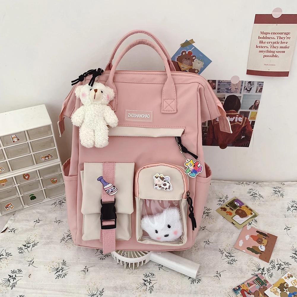 

Kawaii School Backpack Nylon Women's Backpack Cute Laptop Knapsack with Giveaways Bear Plush and Pins Accessories for Teen Girls