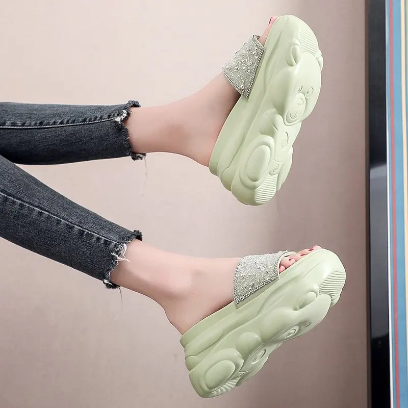 

8cm/3.2 Inch Height Wedge Women Slippers Fashion Elegant Outdoor Wear Thick Bottom Platform Slides Summer Open Toes Sandals