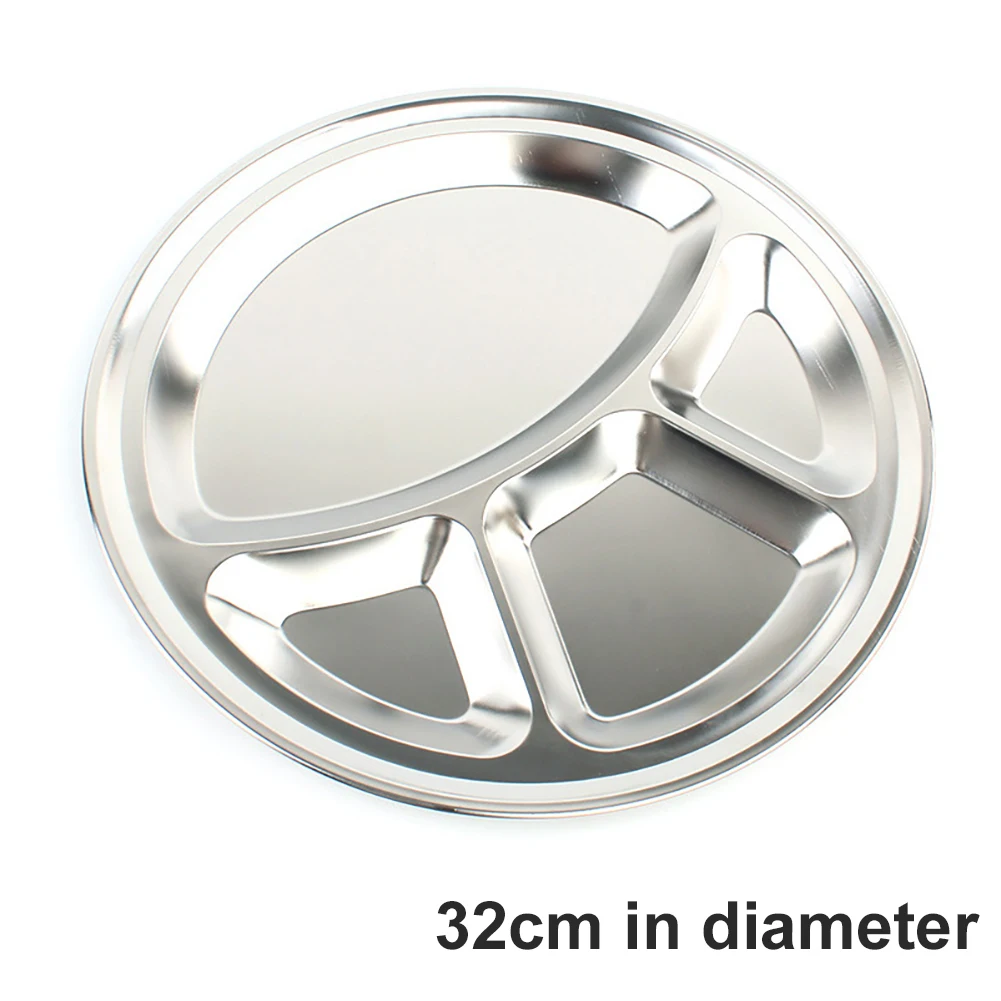 

Stainless Steel Dinner Plate 4 Grids Divided Dinner Plate Dish Round Snack Dinner Silver Plates Students Grid Lunch Tray