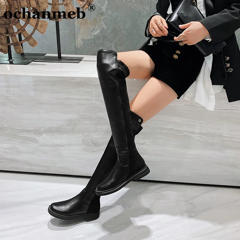 

Ochanmeb/осенне-зимние сапоги выше колена из мягкой PU искусственной замши женские высокие сапоги на плоской подошве с круглым носком на молнии ...