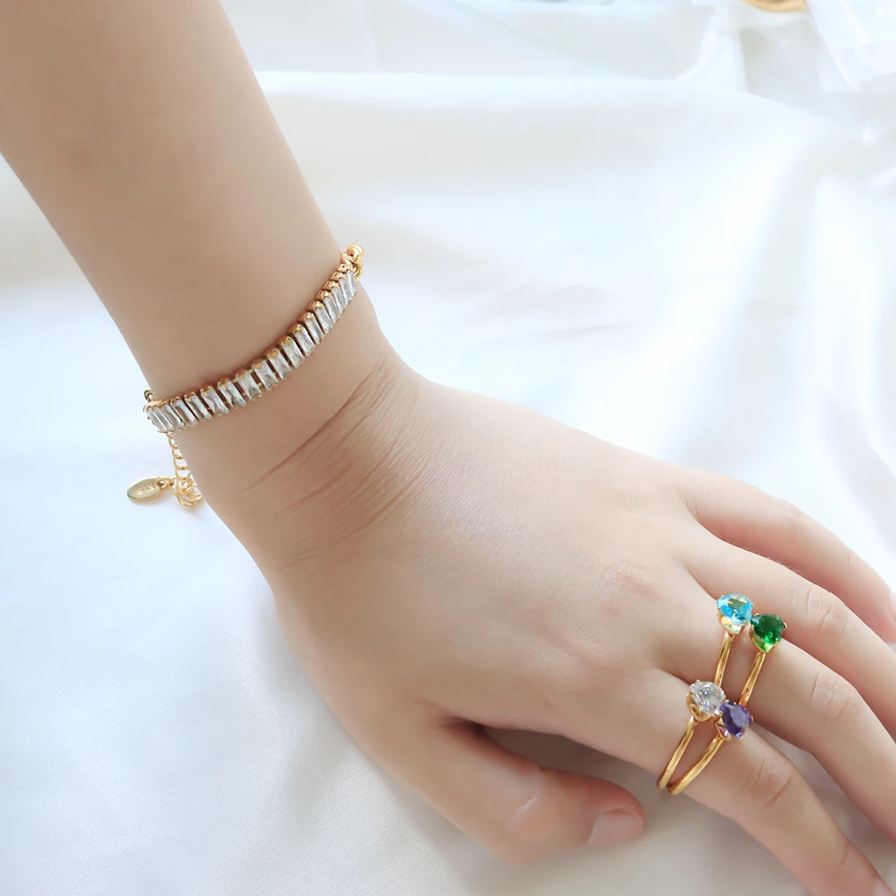 

Ins Hot Sell Newest Trendy Jewelry Delicate Multicolor Crystal Chunky Nectarine Ring Colorful Thin Crystal Heart Ring for Women