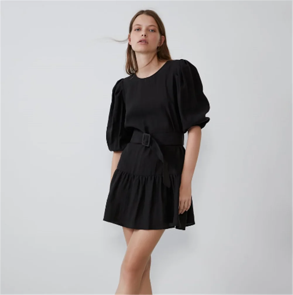 Женское платье с поясом ZA Осеннее короткое в богемном стиле круглым вырезом и