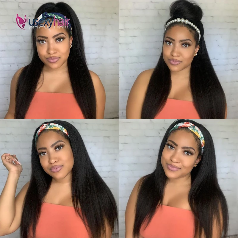 

Headband Wig Human Hair Brazilian 30" Inch Kinky Straight Human Hair Wigs 180 Density Remy Glueless Full Machine Yaki Hair Wigs