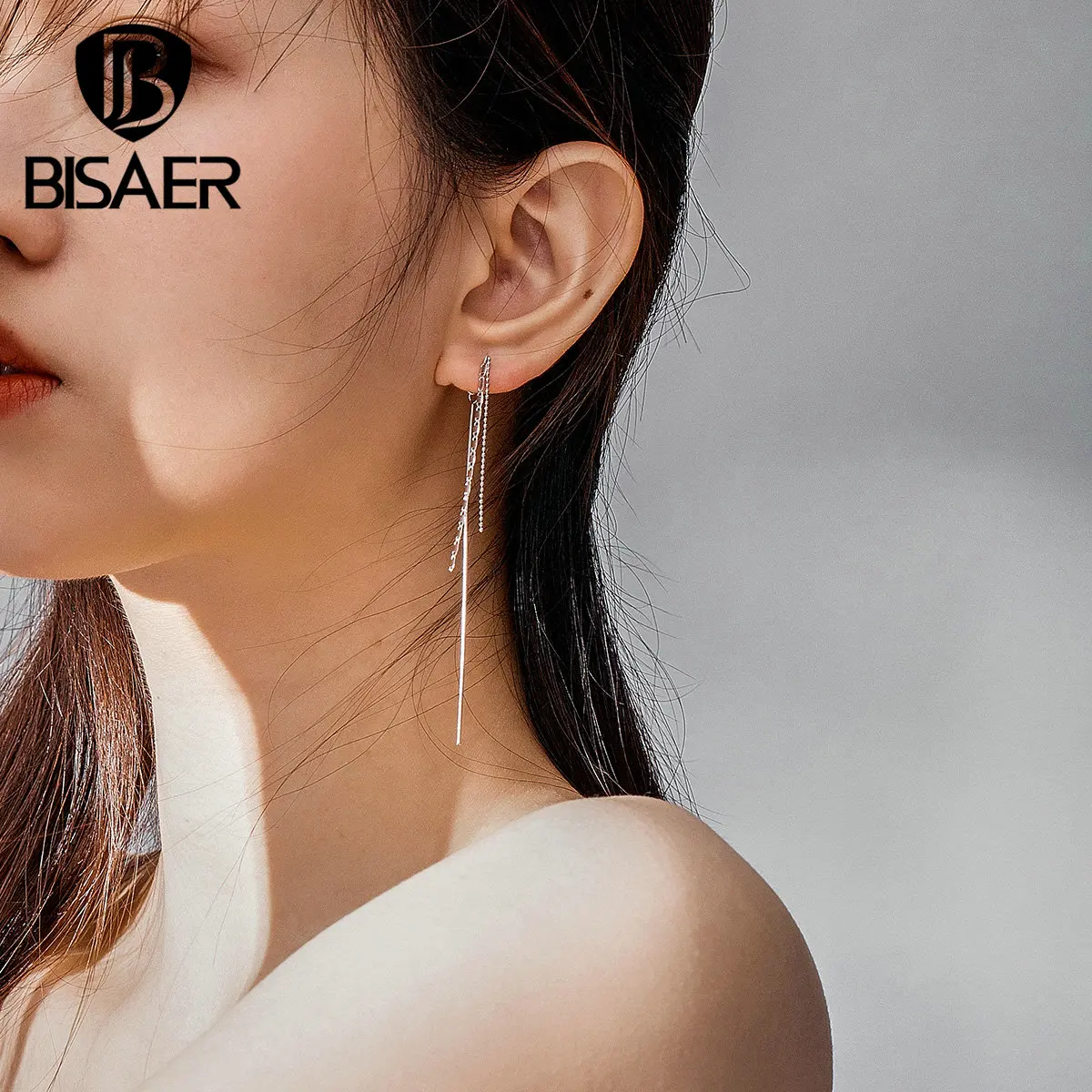 Простые серьги, BISAER, 925 пробы, серебряная кисточка, длинная цепочка, женские серьги-гвоздики, простой стиль, Стерлинговое Серебро, ювелирное изделие ECE790