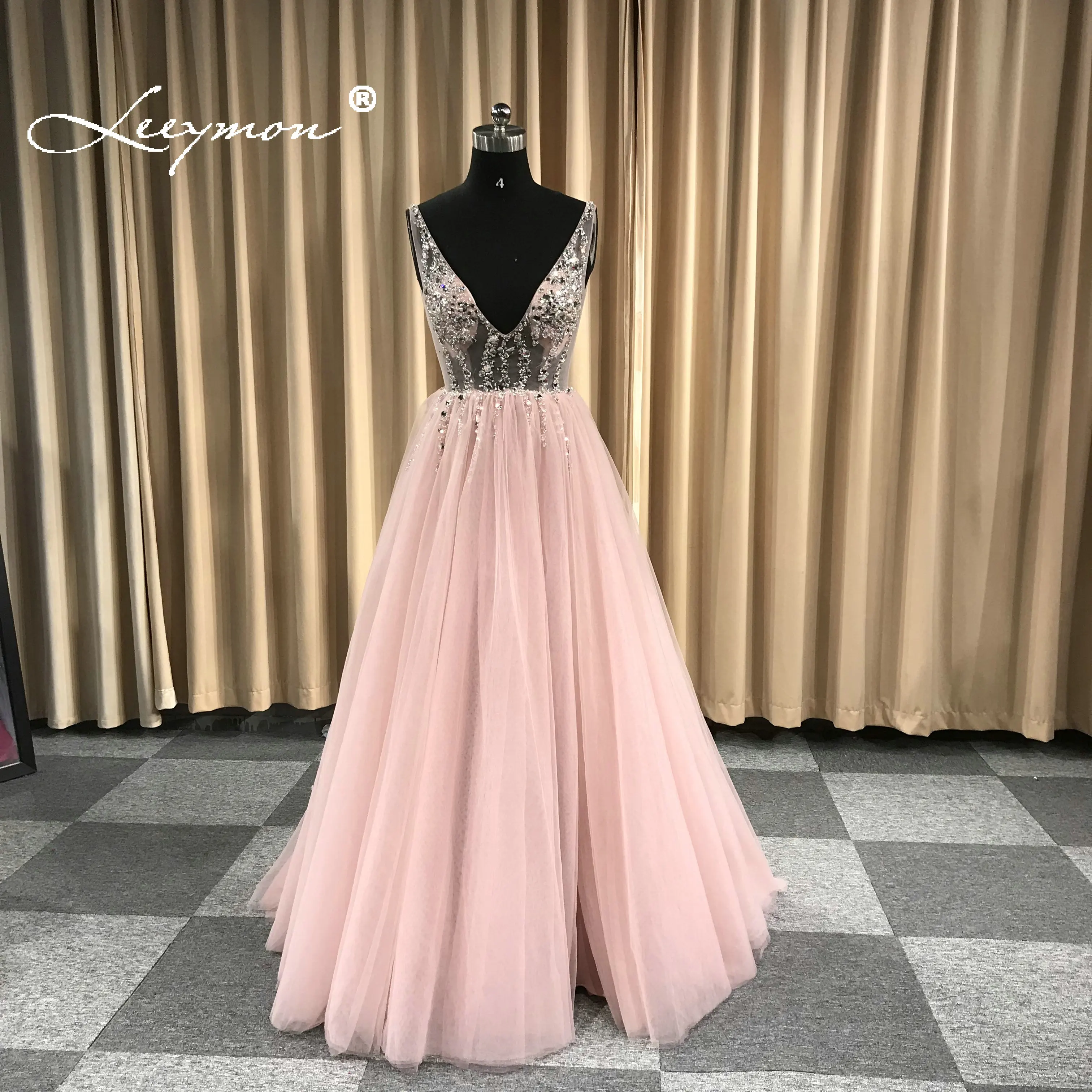 Новый дизайн глубокий V шеи тюль вечернее платье 2019 блестящие кристаллы