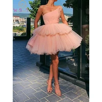 one shoulder prom dresses 2022 short blush pink homecoming dresses pleated tulle tutu dress pleats evening party formal gowns