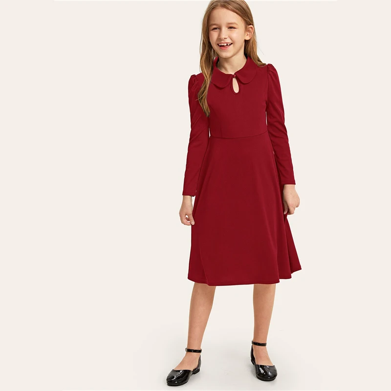 SHEIN Kiddie/красное однотонное расклешенное платье с оборками, трапециевидной формы, с поясом, летнее праздничное платье, рукав-волан, с пуговицами на спине, платья-миди для девочек