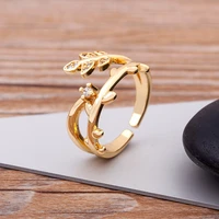 luxury copper zircon gold color leaves shape opening rings for woman fashion design gothic finger jewelry wedding party gifts