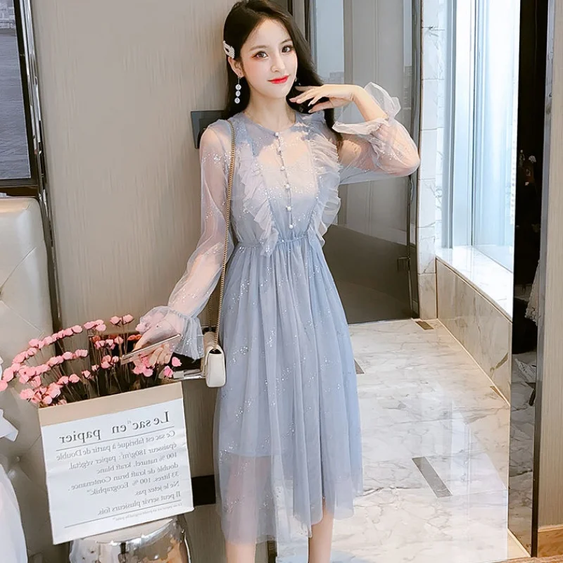 Женское блестящее платье миди Young Gee синее Сетчатое с длинным рукавом и блестками