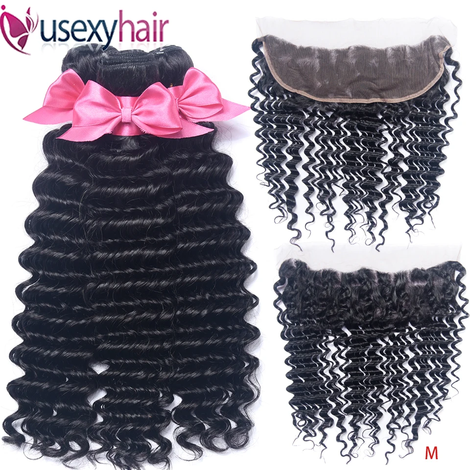 USEXY волос глубокая волна пряди с фронтальной Remy человеческие волосы закрытием