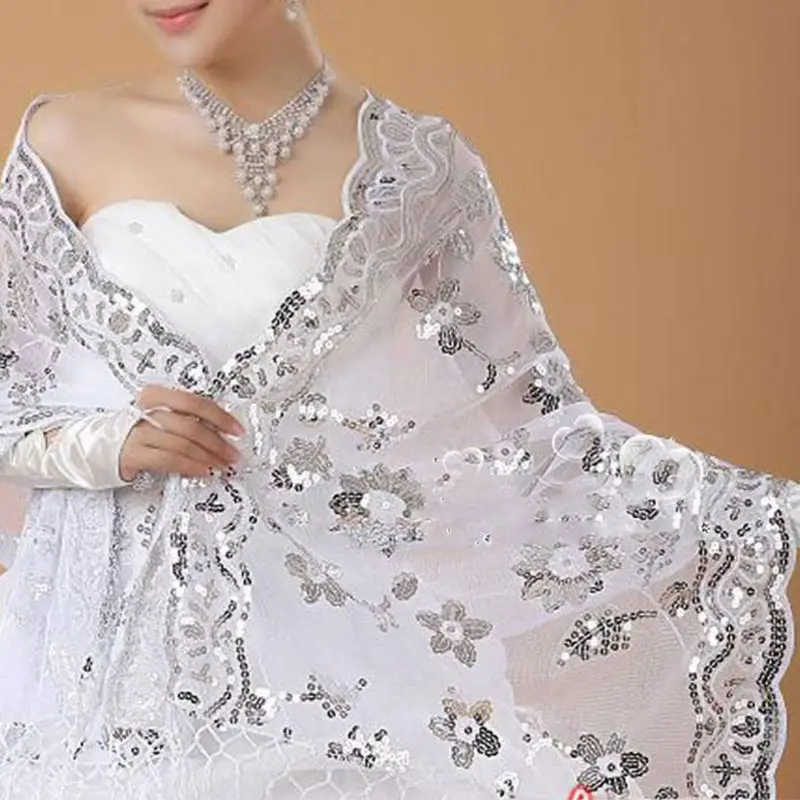 

LXAE New Bride Wedding Dress Women Cheongsam Shawl White Lace Embroidered Sequins Long Shawls