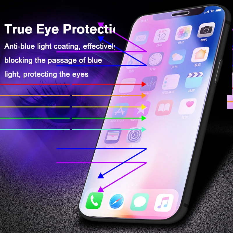 Закаленное стекло 9H с защитой от синего излучения для iPhone 12 Mini 11 Pro X XR XSMAX 8 7 6 6S Plus 5S