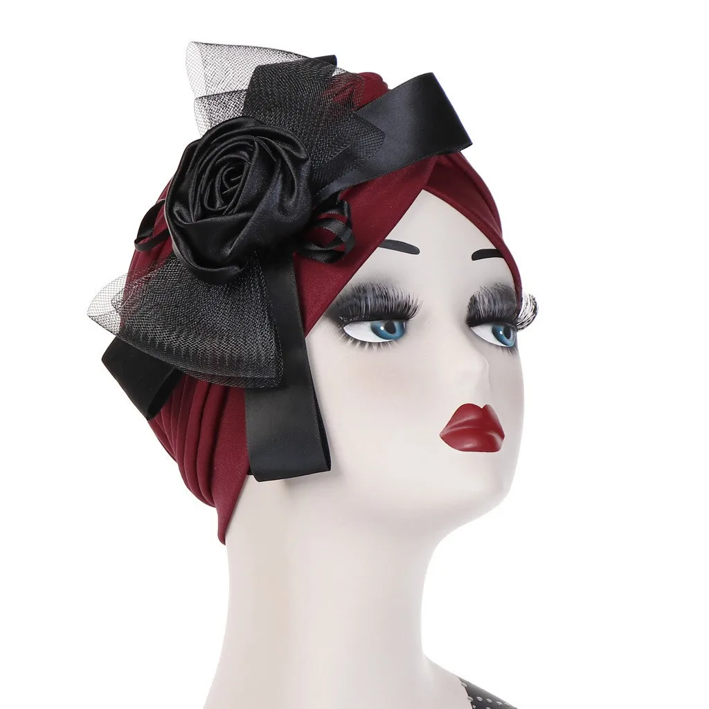 

muslim fashion woman India Mesh Floral Bow Knot Hat Muslim Headdress Ruffle turbans Chemo satin flowers Wrap Cap Free shipping