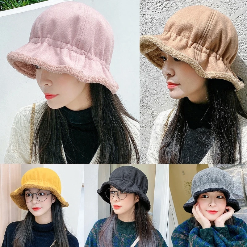 

Women Winter Thicken Plush Lining Bucket Hat Cute Ruffled Wide Brim Round Top Solid Color Outdoor Warm Fisherman Cap