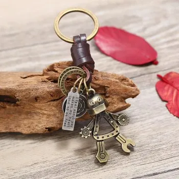 

Korean Version of The Best Selling Vintage Woven Cowhide Keychain Simple Personality Cute Robot Pendant Car Key Pendant