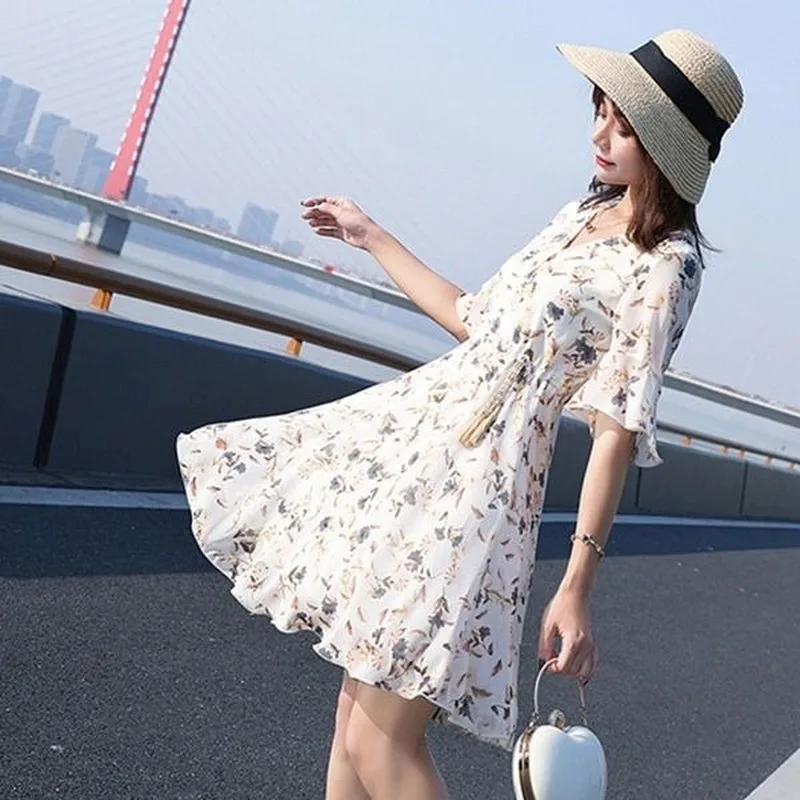 

Floral Dress Women New Summer Women Clothing Waist Hugging Slim Fashion Casual Chiffon Dress