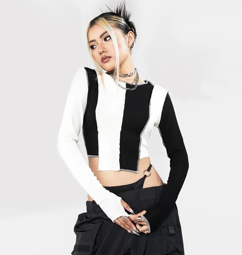 

Новинка весна-осень 2021, женская модная уличная черно-белая блузка контрастных цветов с длинным рукавом и длинным рукавом