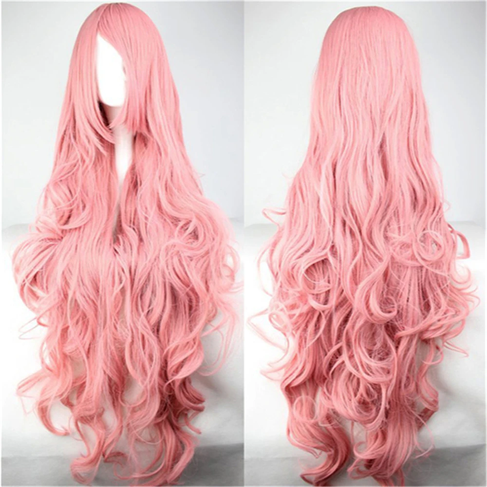 WoodFestival Synthetic Hair 100 cm Pink Wavy Wig With Bangs Female Cosplay Wigs For Women Long Yellow Purple Halloween Party