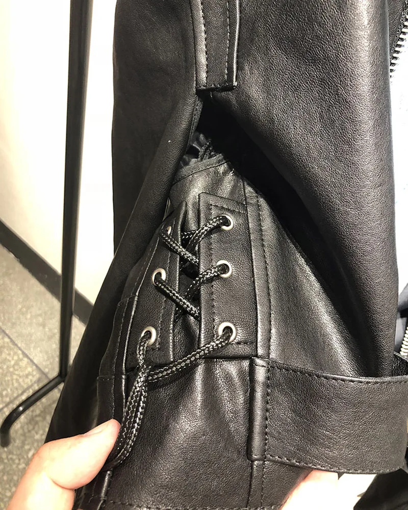 

Women Short Coat Spring Kobiety Paszcze Genuine Leather Jacket Spliced Denim Clothes With Belt Real Sheepskin Coats Female