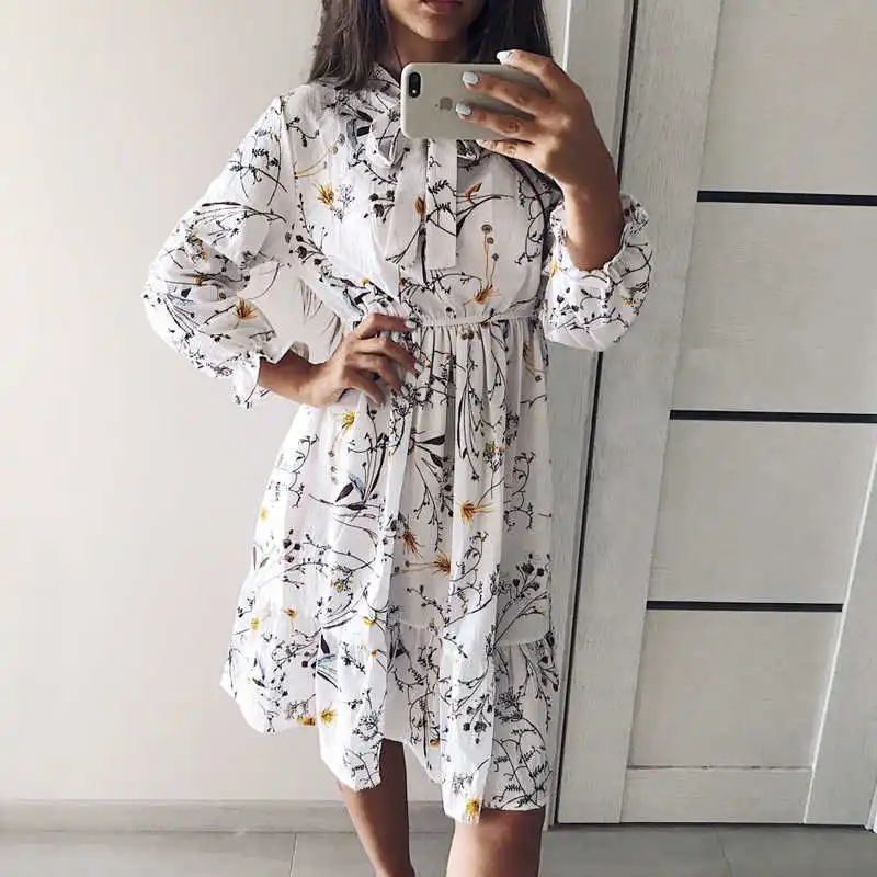 

Winter Dresses Womens Long Sleeve Vintage Dress Chiffon Shirt Vestidos For Ladies Casual Floral Midi Autumn Dresses Polka Dot