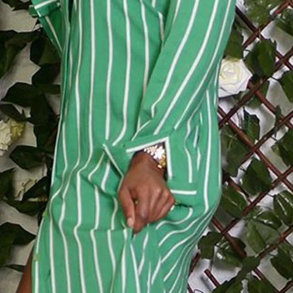 Зеленое женское длинное платье-рубашка летнее Полосатое платье макси в