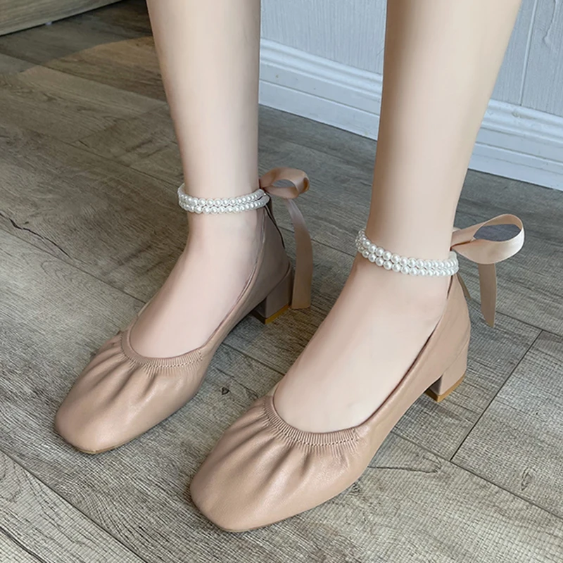 

Rimocy Fashion String Bead Ankle Strap Pumps Women Lightweight Soft Bottom Casual Shoes Woman Square Toe Med Heels Party Shoes