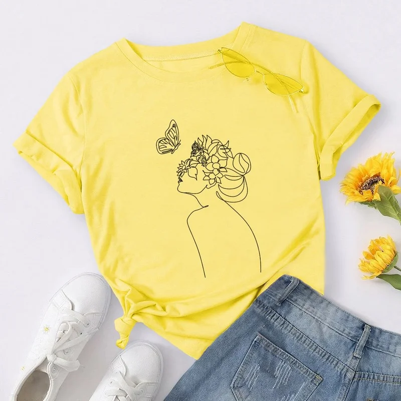 

Футболка женская универсальная с абстрактным принтом, хлопковая рубашка оверсайз с коротким рукавом и цветочным принтом, повседневный топ ...