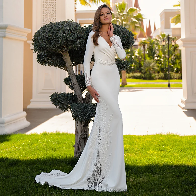 

Элегантное свадебное платье с длинным рукавом и юбкой-годе 2021, кружевное Плиссированное атласное платье с V-образным вырезом и аппликацией, ...