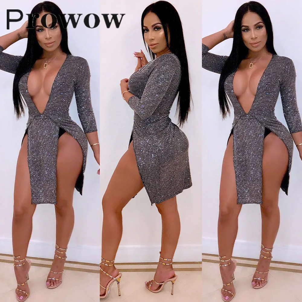

Prowow Solid Sexy Dress Women Spring Fashion Bright Silk Two-sided Split Pullover Dress Knee-Length Sexy Deep V Sheath Dresses
