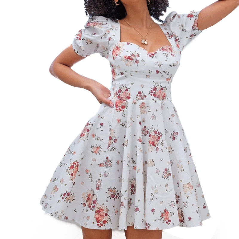 

28TF Women Puff Short Sleeve Sexy Square Neck Slim Midi Dress Boho Vintage Floral Print Backless Pleated Swing Sundress