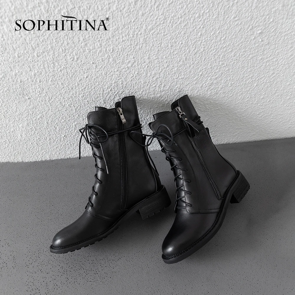 SOPHITINA/однотонные ботинки на шнуровке; удобная обувь ручной работы с круглым носком на молнии и квадратном каблуке; Новинка; короткие плюшевые модные ботильоны; MO307