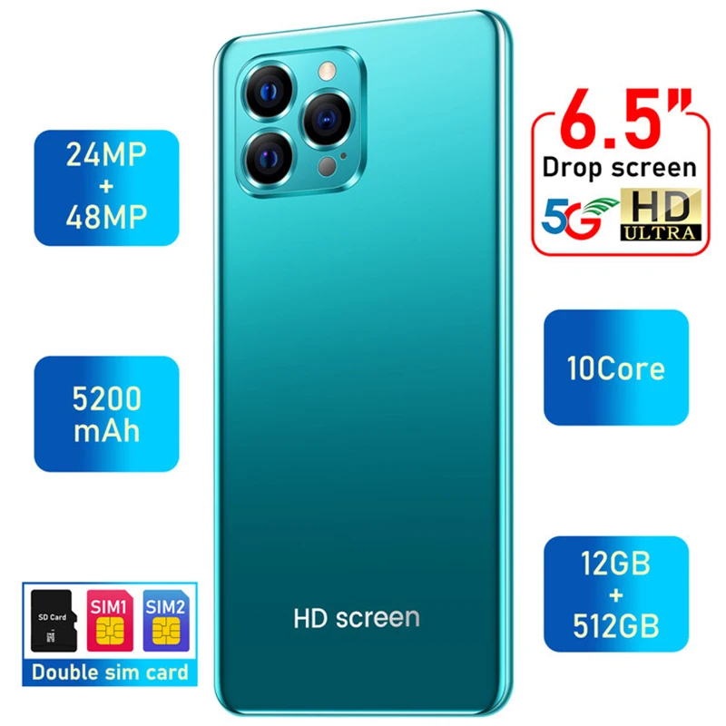 

Mobile Phone New Global 6.5" HD Full Display Android Smartphones 512G 5200mAh 24+48MP Camera Cell Dual sim