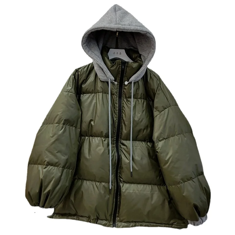 

Women's off-Season Sweater Short Stitching 2021 New Korean Style Loose Thick Hooded White Duck down East Coat down Jacket