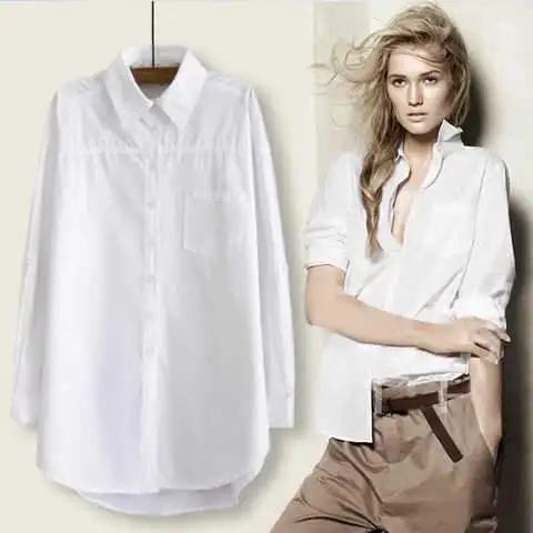 

100% Cotton Elegant Long Sleeve White Shirt Women Boyfriend Style Blusa Tops Female Streetwear Casual Cotton Blouse Women