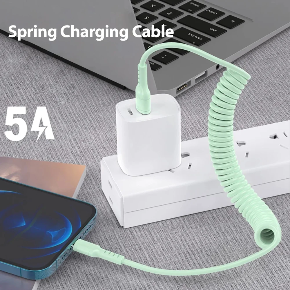 Выдвижной Автомобильный кабель 2 м USB Type C пружина 5 А Type-C шнур для быстрой зарядки