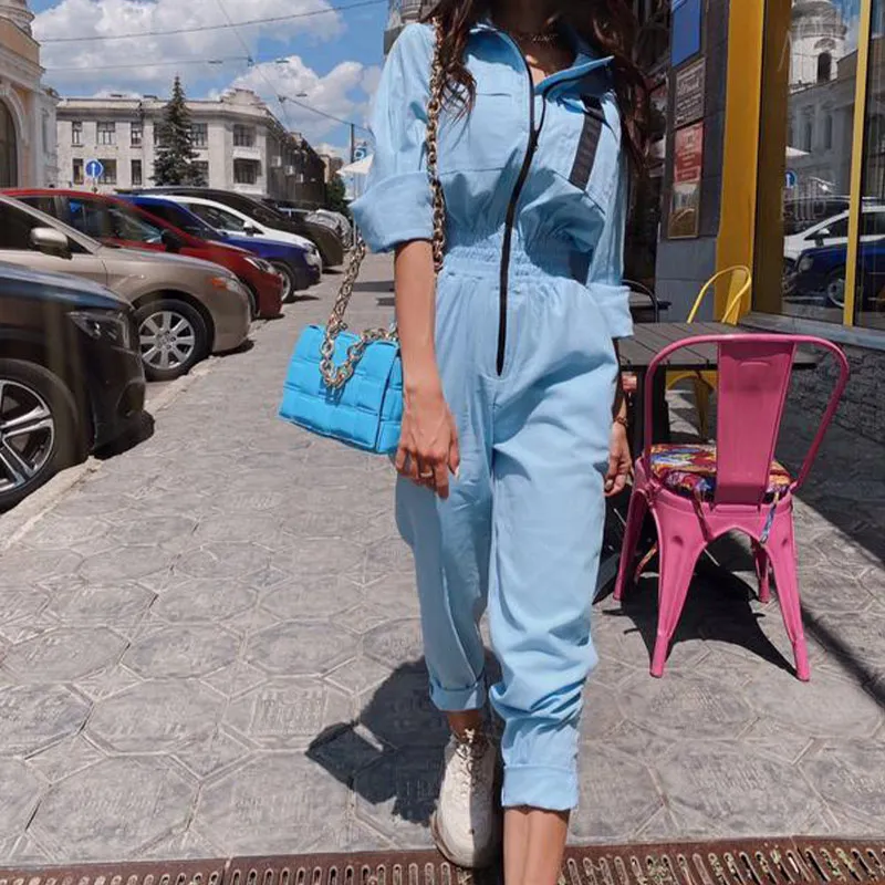 Облегающие Женские Комбинезоны на молнии с отложным воротником и карманами