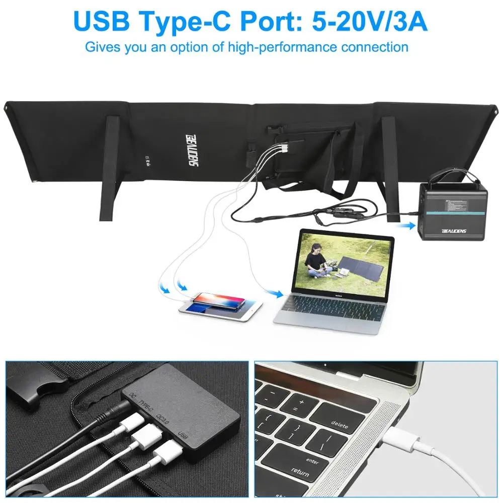 Портативное солнечное зарядное устройство Beaudens 100 вт тип C QC3.0 USB DC складное для
