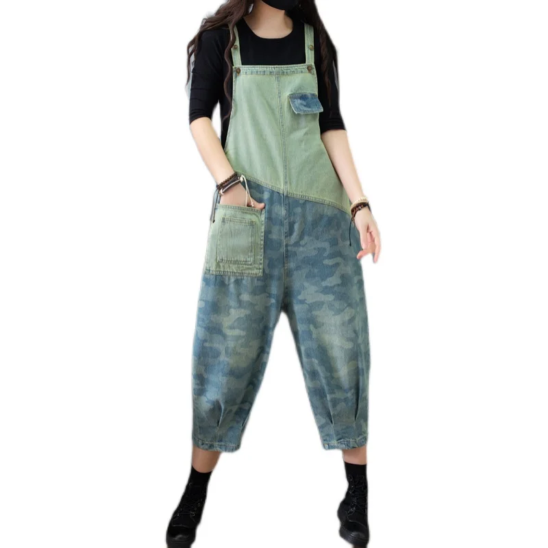 

Camouflage Patchwork Jean Jumpsuit Ladies Spring Baggy Harem pants Overalls Casual Denim Wide Leg cowboy Rompers With Pocket