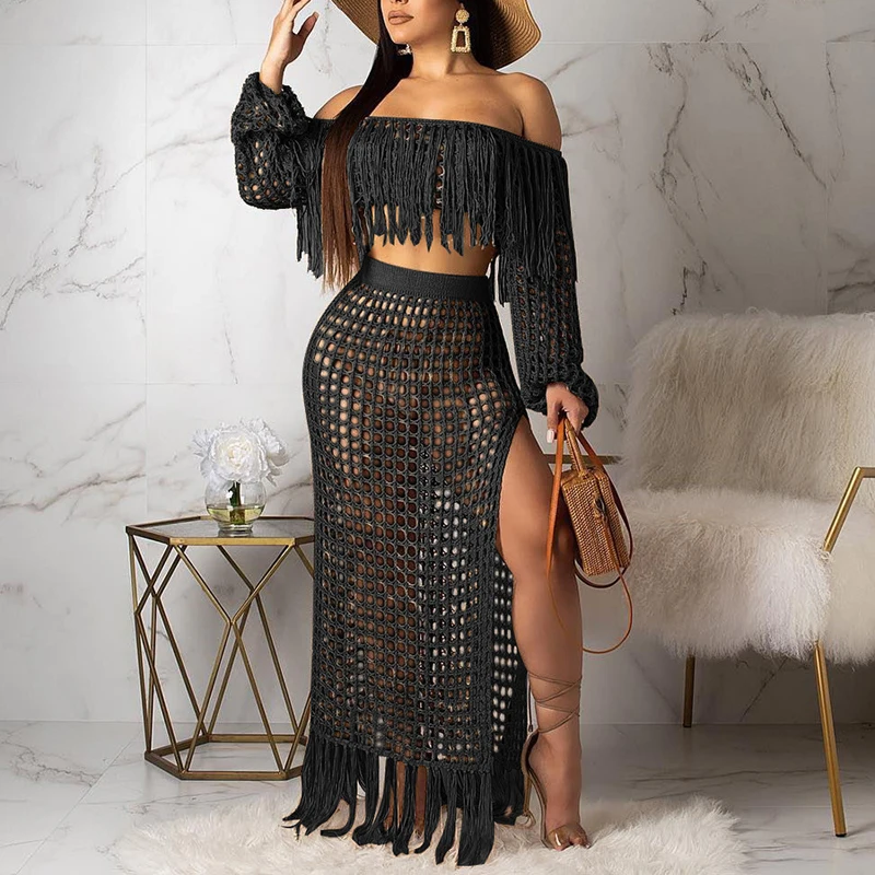 Женские летние макси комплекты из двух предметов сексуальные ажурные сетчатые