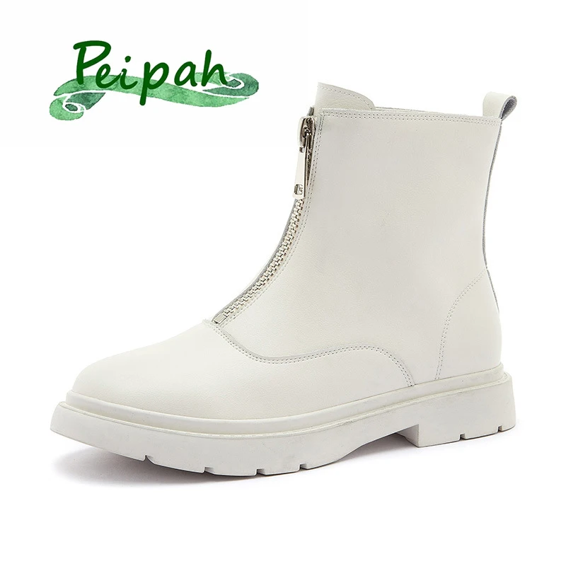 

PEIPAH Winter Rubber Ankle Boots Women Genuine Leather Shoes Ladies Solid Platform Chelsea Boots Female Office Lady Botas