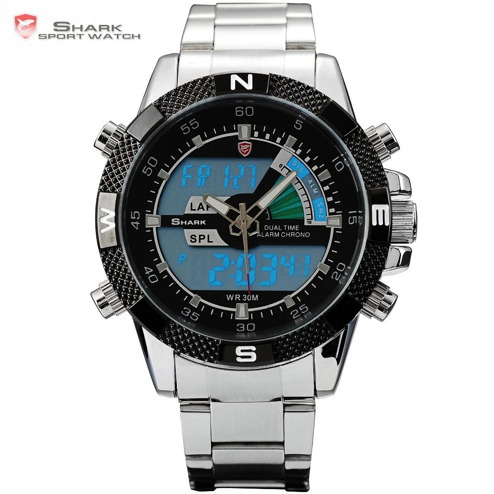Акула спортивные часы Dual Time Цифровые стали Porbeagle Календарь Будильник Секундомер Мужские кварцевые наручные часы/SH046/047