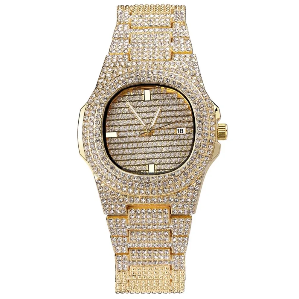 GUCY бренд Iced Out алмазные часы Кварцевые Золотые хип-хоп часы с Micropave нержавеющая сталь Часы relogio