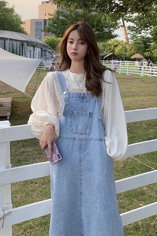 

Denim back dress women's wear spring and autumn 2021 new dress two piece Korean sweet women's wear