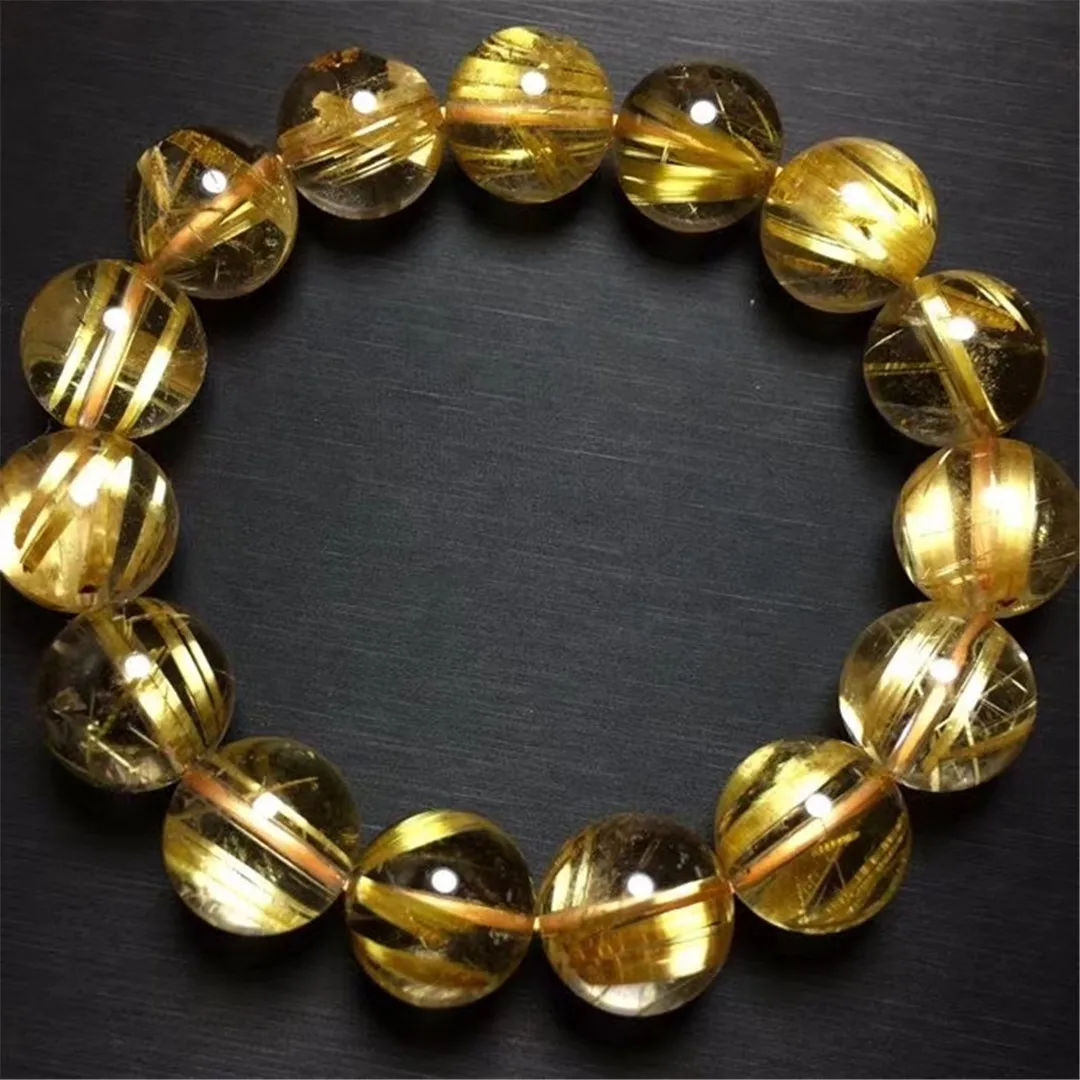 

14mm Natural Gold Rutilated Quartz Bracelet Jewelry For Women Lady Man Wealth Healing Gift Crystal Round Beads Stretch AAAAA