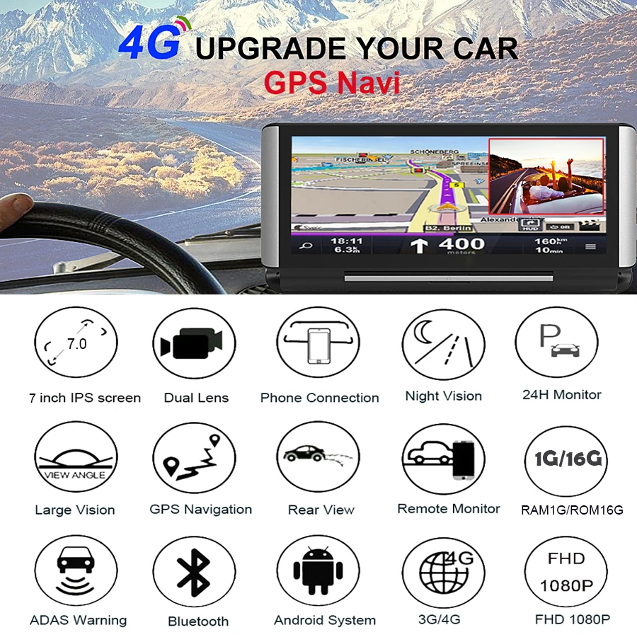 Anfilite 6,86 дюймов 3G/4G Автомобильный видеорегистратор gps навигация ADAS Android 5,1 1G/16G wifi Full hd 1080P видео рекордер грузовик gps навигатор