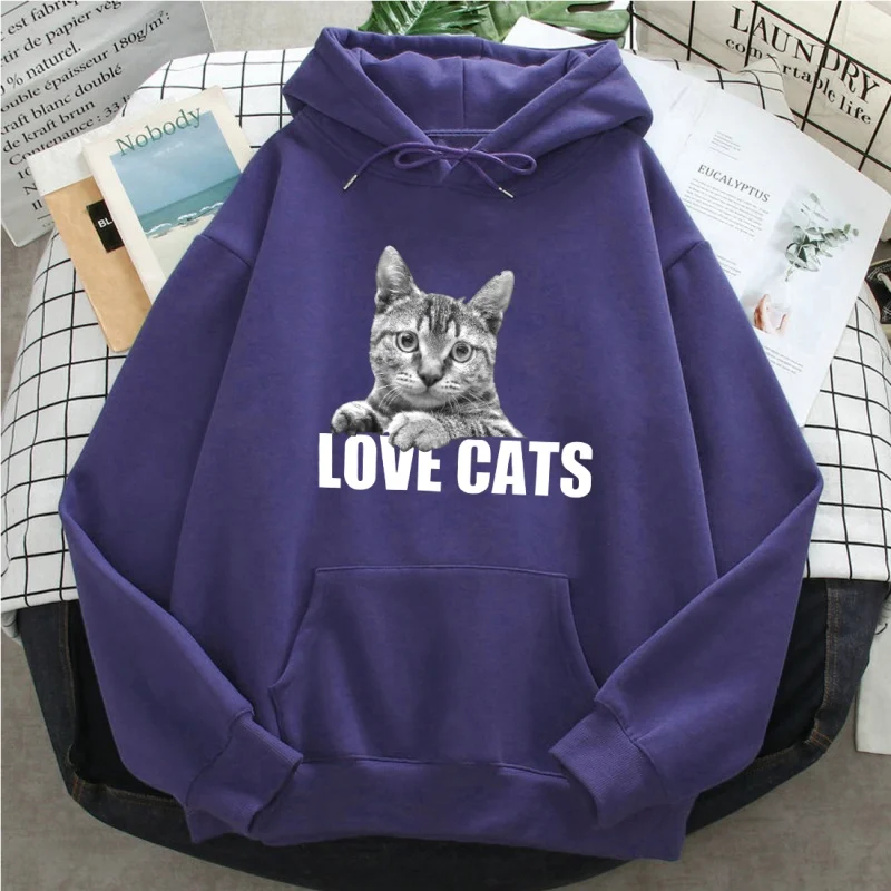 

Amor gatos impressão dos desenhos animados hoodies homem mulher casual solto com capuz bolsos streetwear com capuz outono prima.