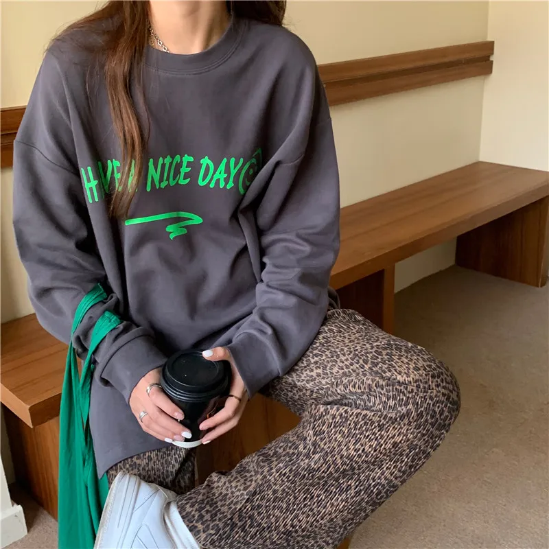 

XZ3046 2021 НОВЫЙ свободный костюм средней длины для пары толстый свитшот большого размера с длинными рукавами и надписью