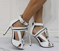 drop shipping sexy woman white leather peep toe zipper chains buckle sandals stiletto heels party cuts out club sandals shoes