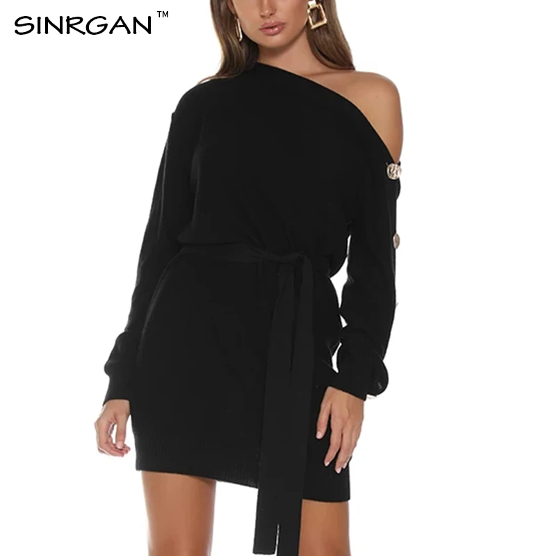 SINRGAN/черное трикотажное платье-свитер на одно плечо женские пуловеры пуговицах
